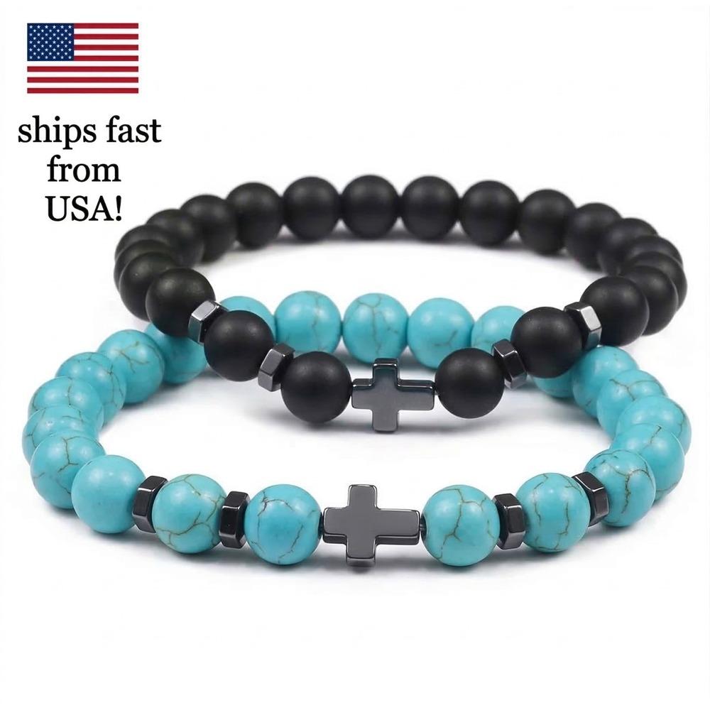 2pc Set Natural Stone Cross Bracelet Set - Mens Womens Beaded Faith Jewelry Gift
